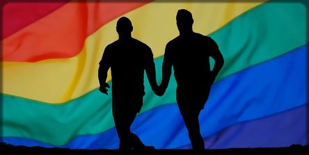 deux homosexuels qui courent sous la bannière gay